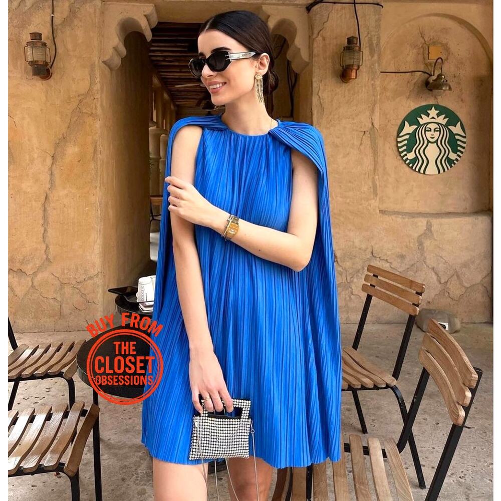 ZARA Pleated Cape Mini Dress NWT Royal Blue